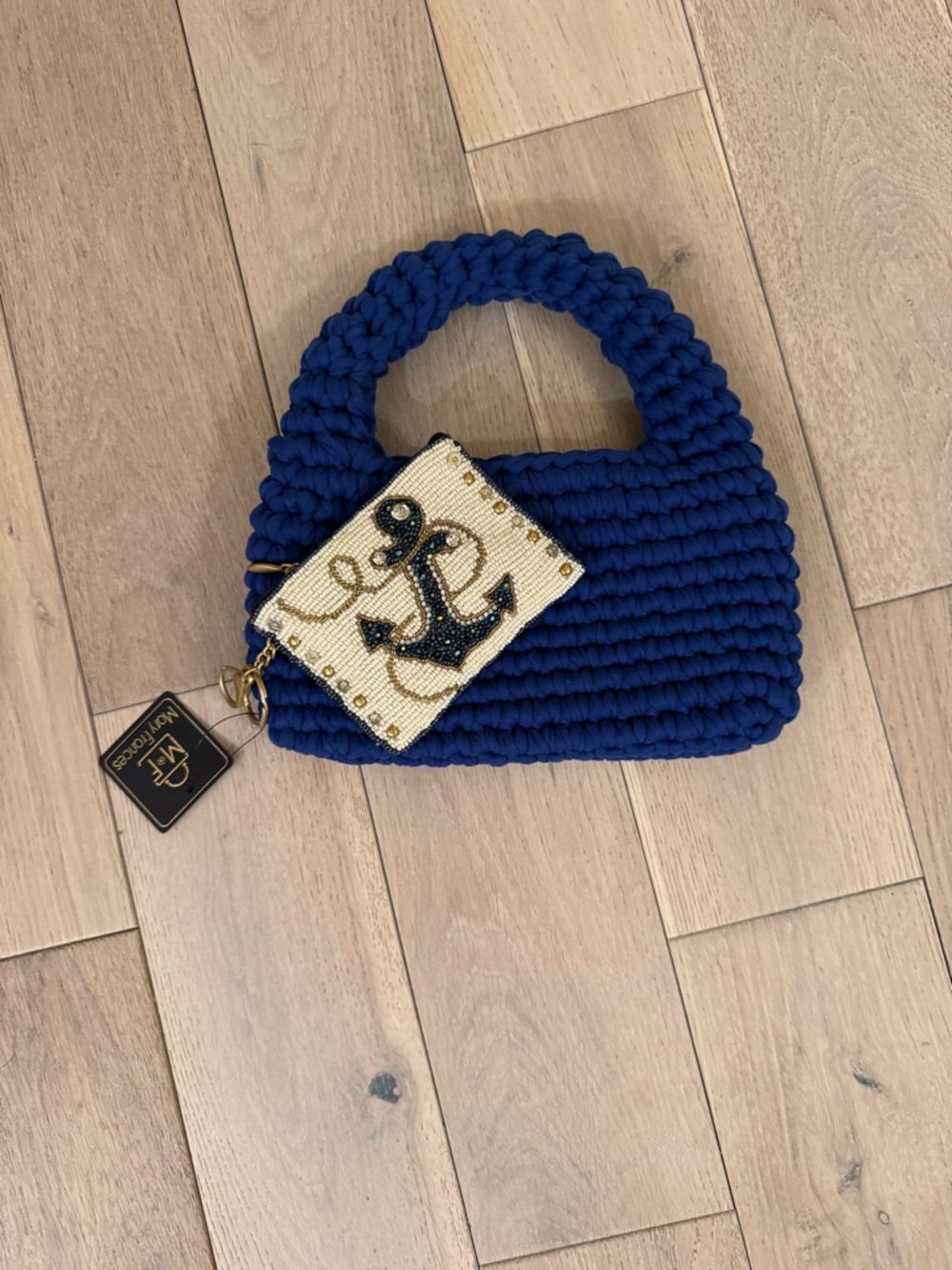 Mary Frances Navy Blue Crochet Handbag with Beaded Anchor Charm